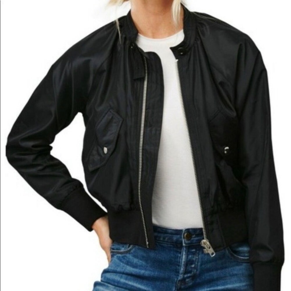 Free People Black Satin Midnight Bomber Jacket Size XS